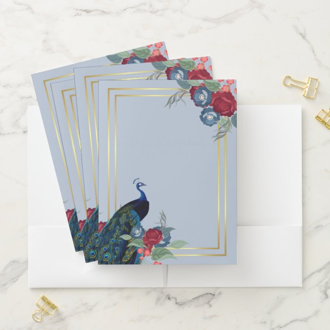 Peacock Blue Burgundy Winter Fall Wedding Pocket Folder (In Situ)