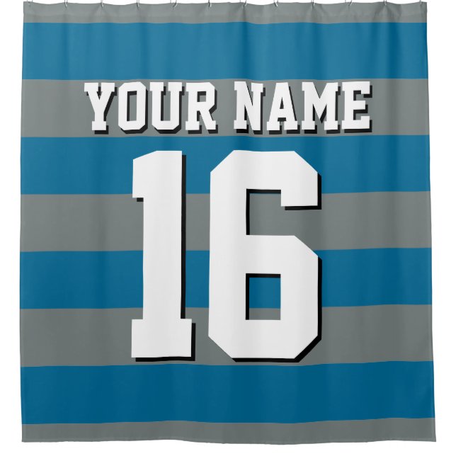 Peacock Blue Charcoal Sports Jersey Preppy Stripe Shower Curtain (Front)