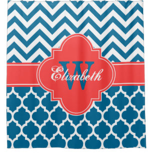 Peacock Blue Coral Red Moroccan #5 Chevron 1IQRN Shower Curtain