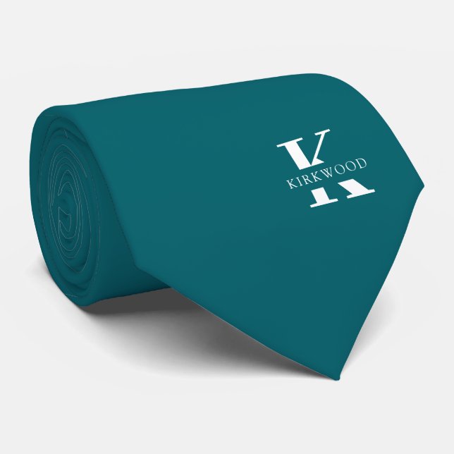 Peacock Blue | Elegant Monogram+Name | One-Sided Neck Tie (Rolled)