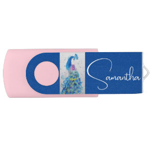 Peacock Blue Girls Customizable Name USB Stick Flash Drive