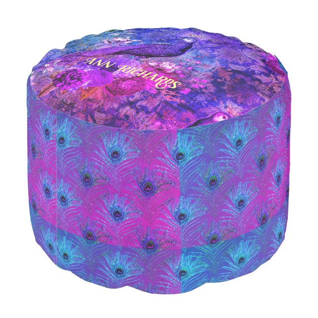 Peacock Blue Glitter Feather Floral Glam Elegant Pouf (Angled Back)