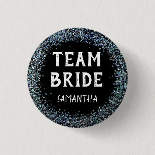 Peacock Blue Glitter Team Bride Name Black Button