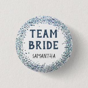 Peacock Blue Glitter Team Bride Name Button