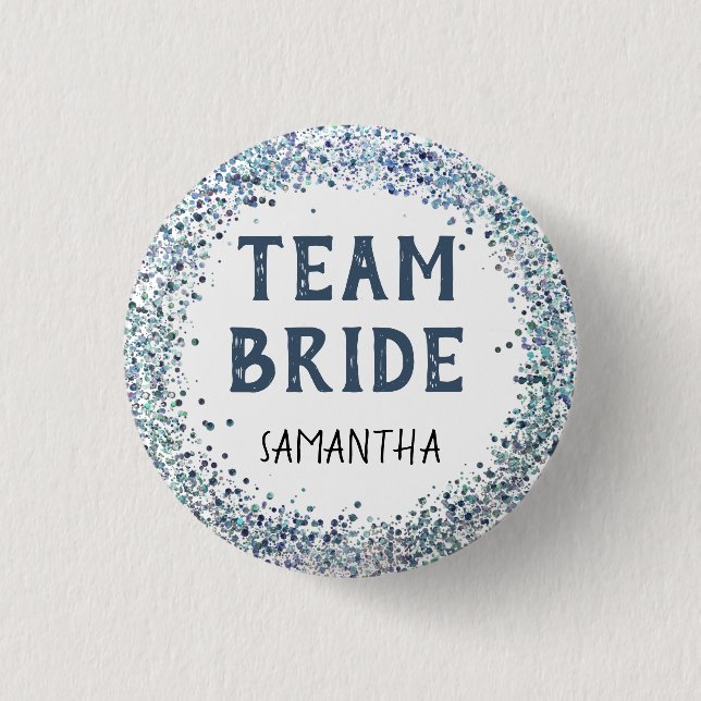 Peacock Blue Glitter Team Bride Name Button (Front)