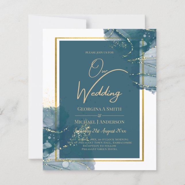 Peacock Blue Gold Alcohol INK Chic Wedding Invite (Front)