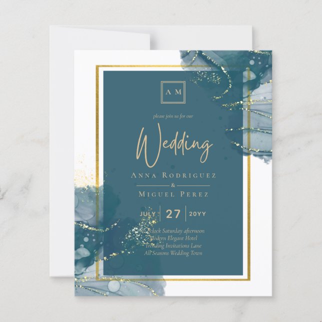 Peacock Blue Gold Alcohol INK Chic Wedding Invite (Front)