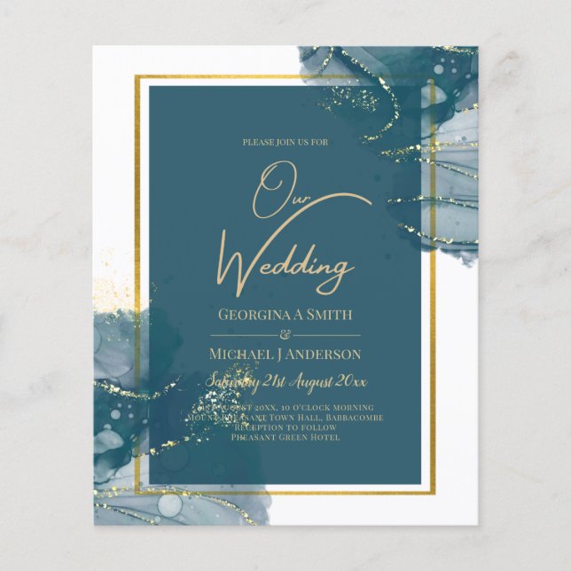 Peacock Blue Gold Alcohol INK Chic Wedding Invite Flyer (Front)