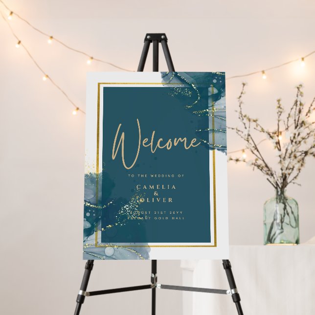 Peacock Blue Gold Alcohol INK Chic Wedding WELCOME Foam Board (In Situ (Stand))