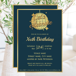 Peacock blue gold disco ball birthday party  invitation