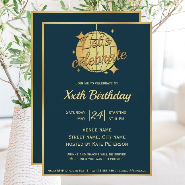 Peacock blue gold disco ball birthday party  invitation (Creator Uploaded)