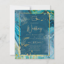 Peacock Blue Gold INK Abstract Wedding