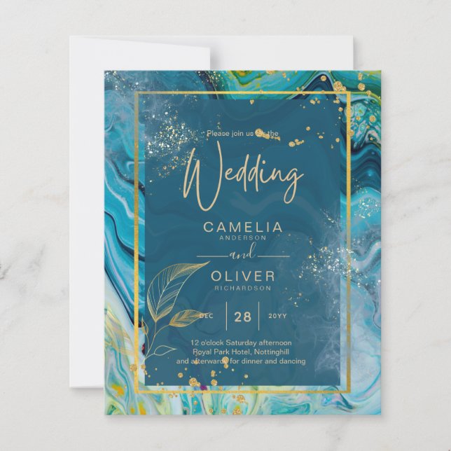 Peacock Blue Gold INK Abstract Wedding  (Front)