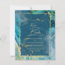 Peacock Blue Gold INK Abstract Wedding
