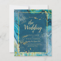 Peacock Blue Gold INK Abstract Wedding