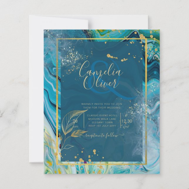 Peacock Blue Gold INK Abstract Wedding  (Front)