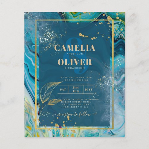 Peacock Blue Gold INK Abstract Wedding  Flyer