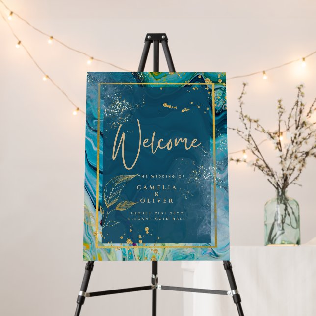 Peacock Blue Gold INK Abstract Wedding  Foam Board (In Situ (Stand))