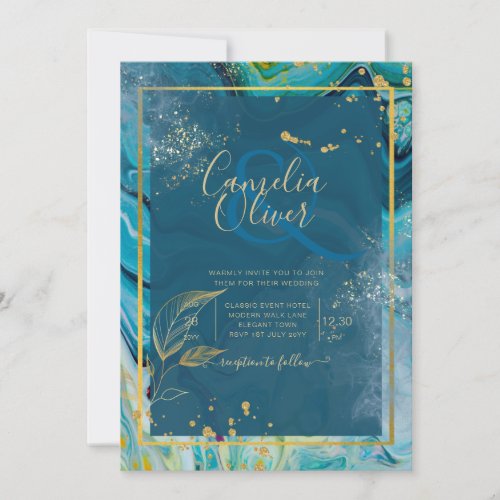 Peacock Blue Gold INK Abstract Wedding  Invitation