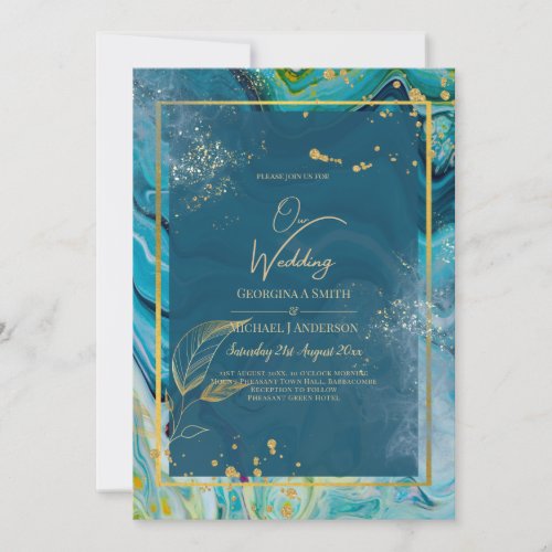 Peacock Blue Gold INK Abstract Wedding  Invitation