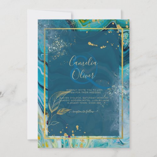 Peacock Blue Gold INK Abstract Wedding  Invitation