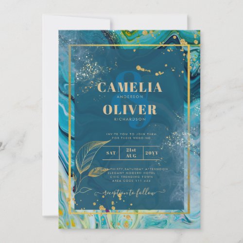 Peacock Blue Gold INK Abstract Wedding  Invitation