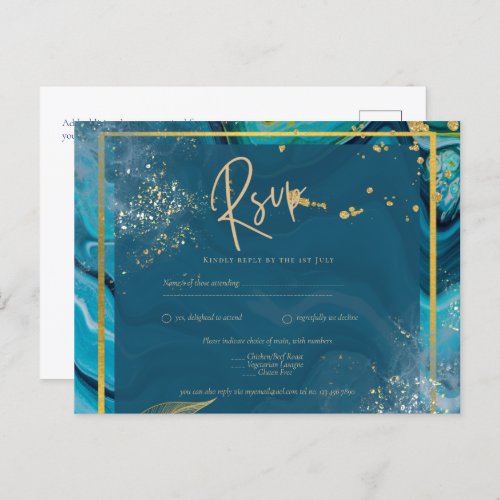 Peacock Blue Gold INK Abstract Wedding  Postcard