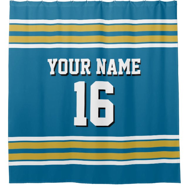 Peacock Blue Gold White Stripes Sports Jersey Shower Curtain (Front)
