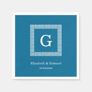 Peacock Blue Greek Key Frame #1 Initial Monogram Napkins
