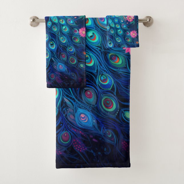 Peacock - Blue Green Aqua Feathers & Pink Flowers  Bath Towel Set (Insitu)
