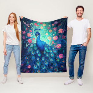 Peacock - Blue Green Aqua Feathers & Pink Flowers Fleece Blanket