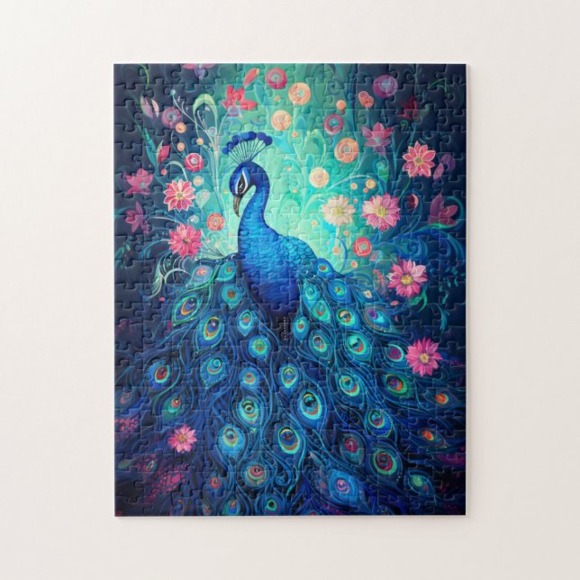 Peacock - Blue Green Aqua Feathers & Pink Flowers Jigsaw Puzzle (Vertical)