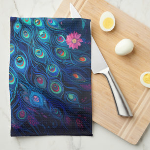 Peacock - Blue Green Aqua Feathers & Pink Flowers Kitchen Towel