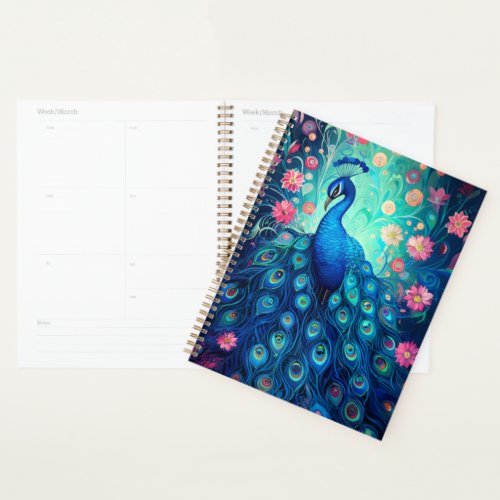 Peacock _ Blue Green Aqua Feathers  Pink Flowers Planner