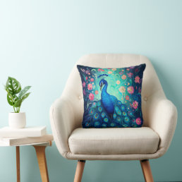 Peacock - Blue Green Aqua Feathers &amp; Pink Flowers Throw Pillow