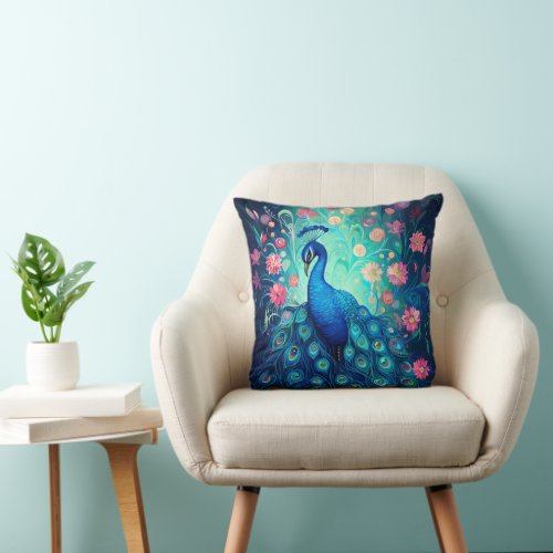 Peacock _ Blue Green Aqua Feathers  Pink Flowers Throw Pillow