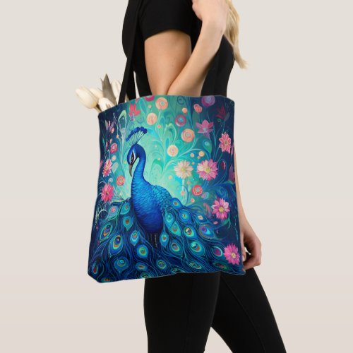 Peacock _ Blue Green Aqua Feathers  Pink Flowers Tote Bag