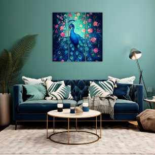 Peacock - Blue Green Aqua Feathers & Pink Flowers Triptych