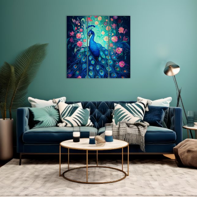 Peacock - Blue Green Aqua Feathers & Pink Flowers Triptych (Creator Uploaded)