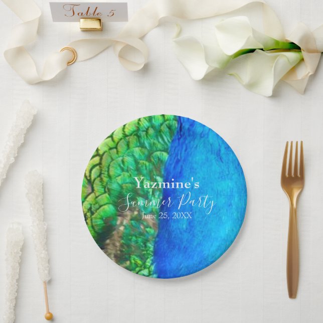 Peacock Blue Green Feather Texture Summer Vibes Paper Plates (Wedding)