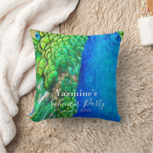 Peacock Blue Green Feather Texture Summer Vibes Throw Pillow