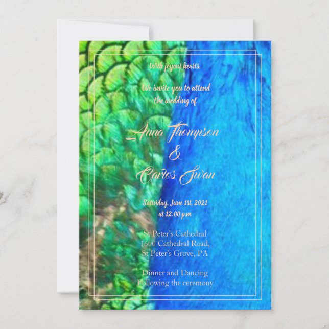 Peacock Blue Green Feather Texture Summer Wedding Invitation (Front)
