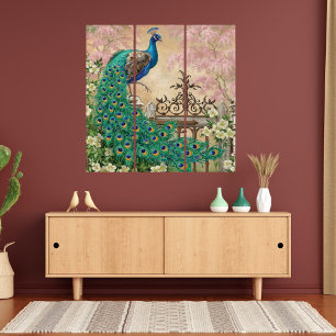 Peacock Blue Green Floral Flower Wall Art Triptych