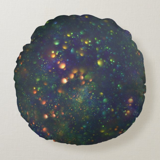 Peacock Blue Green Galactic Bokeh Glitter Round Pillow (Front)
