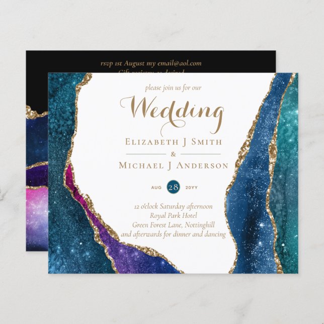 Peacock Blue Green Gold Agate Wedding Invite CHEAP (Front/Back)