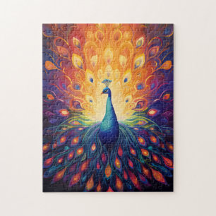 Peacock - Blue Green Pink Orange Yellow Feathers Jigsaw Puzzle