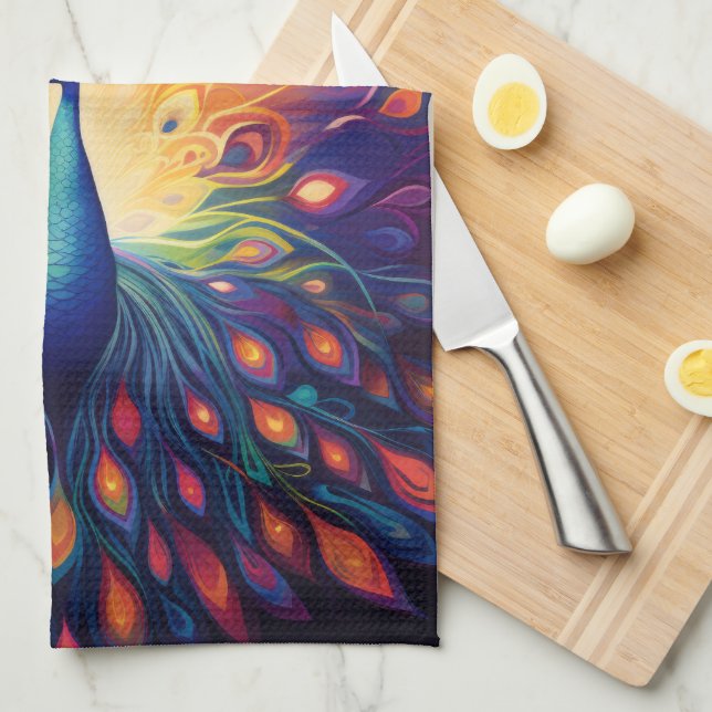 Peacock - Blue Green Pink Orange Yellow Feathers Kitchen Towel (Quarter Fold)