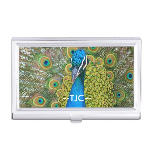 Peacock Blue Head with and Colorful Tail Feathers Case For Business Cards