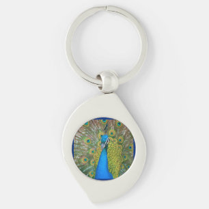 Peacock Blue Head with and Colorful Tail Feathers Keychain