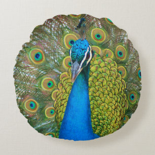 Peacock Blue Head with and Colorful Tail Feathers Round Pillow
